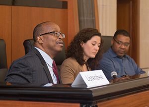 Robert Listenbee, Katrina Young and John Pace during panel concerning the role of trauma in influencing criminal justice outcomes 